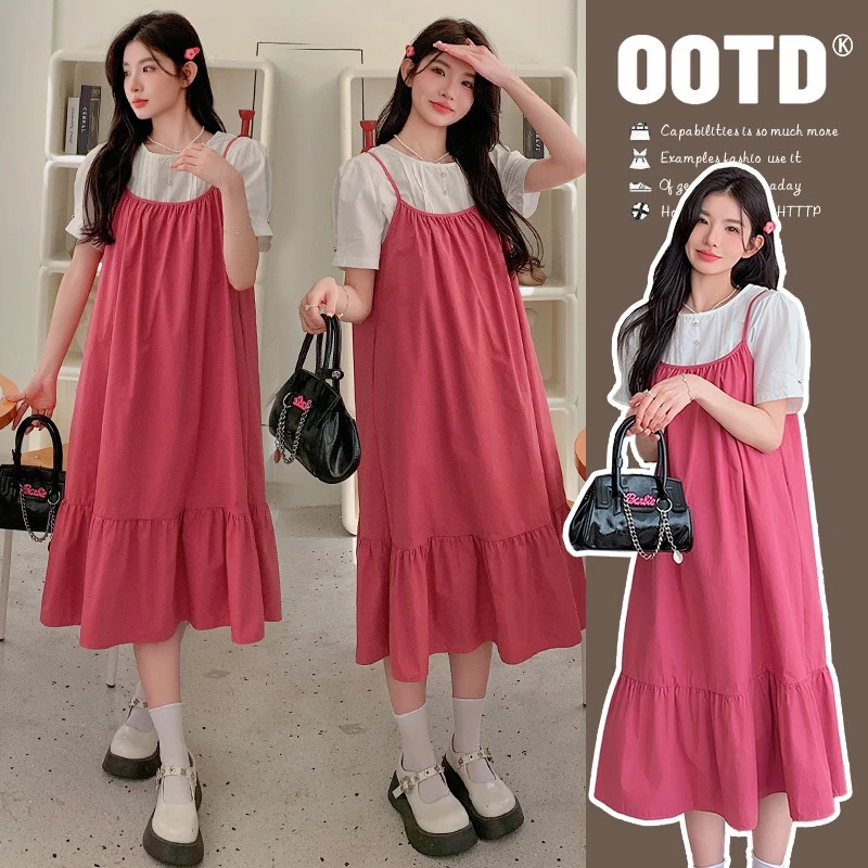 2025夏季新款甜美减龄气质宽松背带裙两件套孕妇套装孕妇装中长款