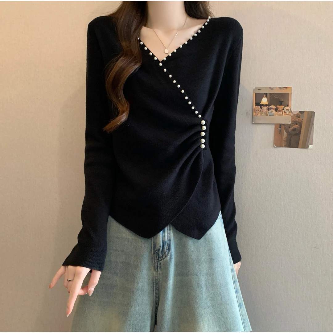 大码秋冬法式V领长袖针织T恤上衣女胖MM温柔风珍珠百搭针织打底衫