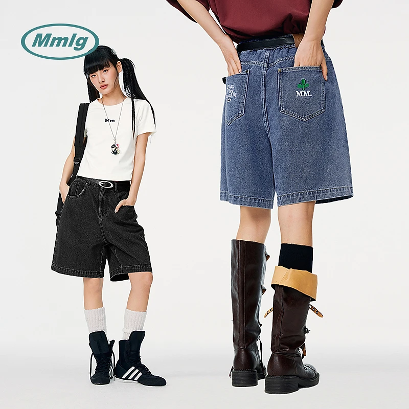 Mmlg2025夏季新款复古蓝牛仔短裤直筒显瘦宽松阔腿裤男女款FQU027