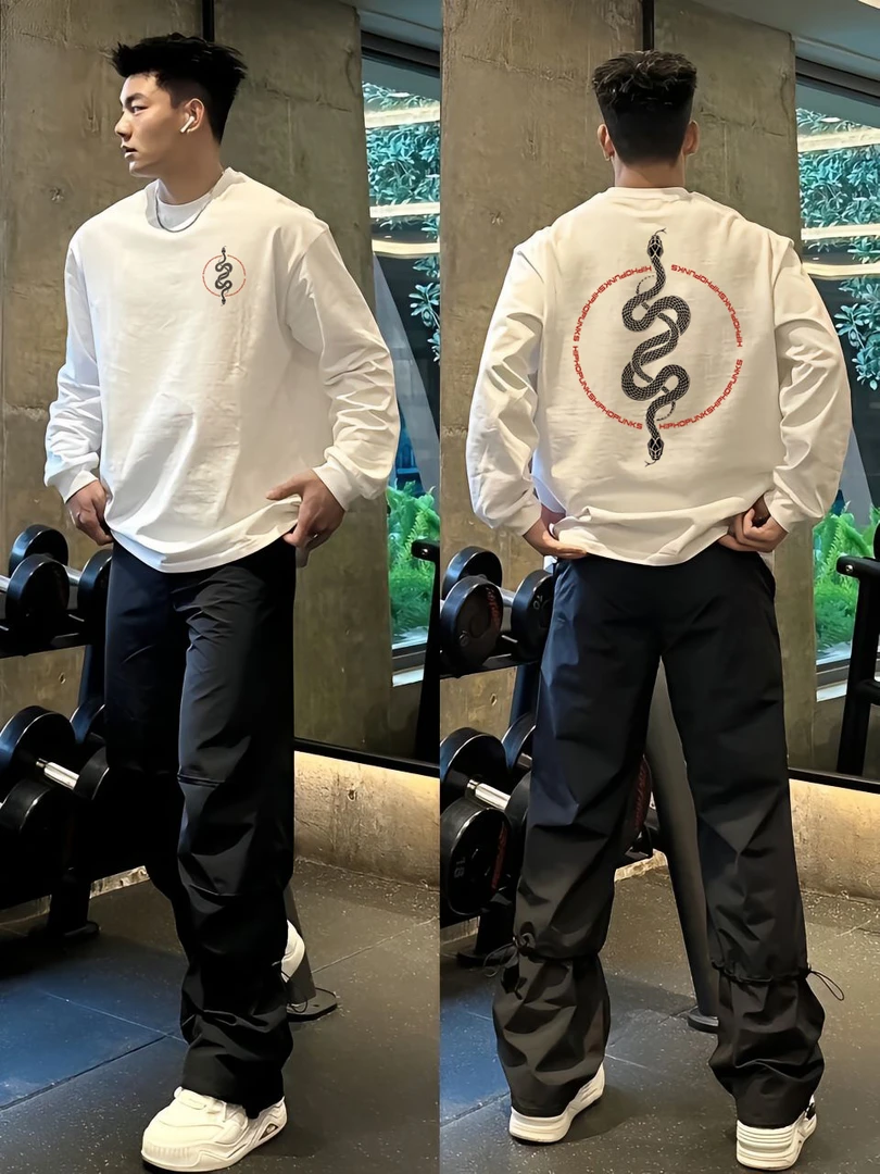 【重磅纯棉】春秋蛇年新款潮流宽松国潮时尚圆领百搭大码男长袖T恤