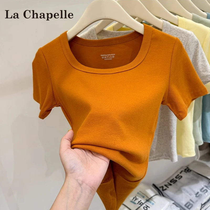 拉夏贝尔修身方领短袖t恤女夏季2025新款气质纯色显瘦露锁骨上衣