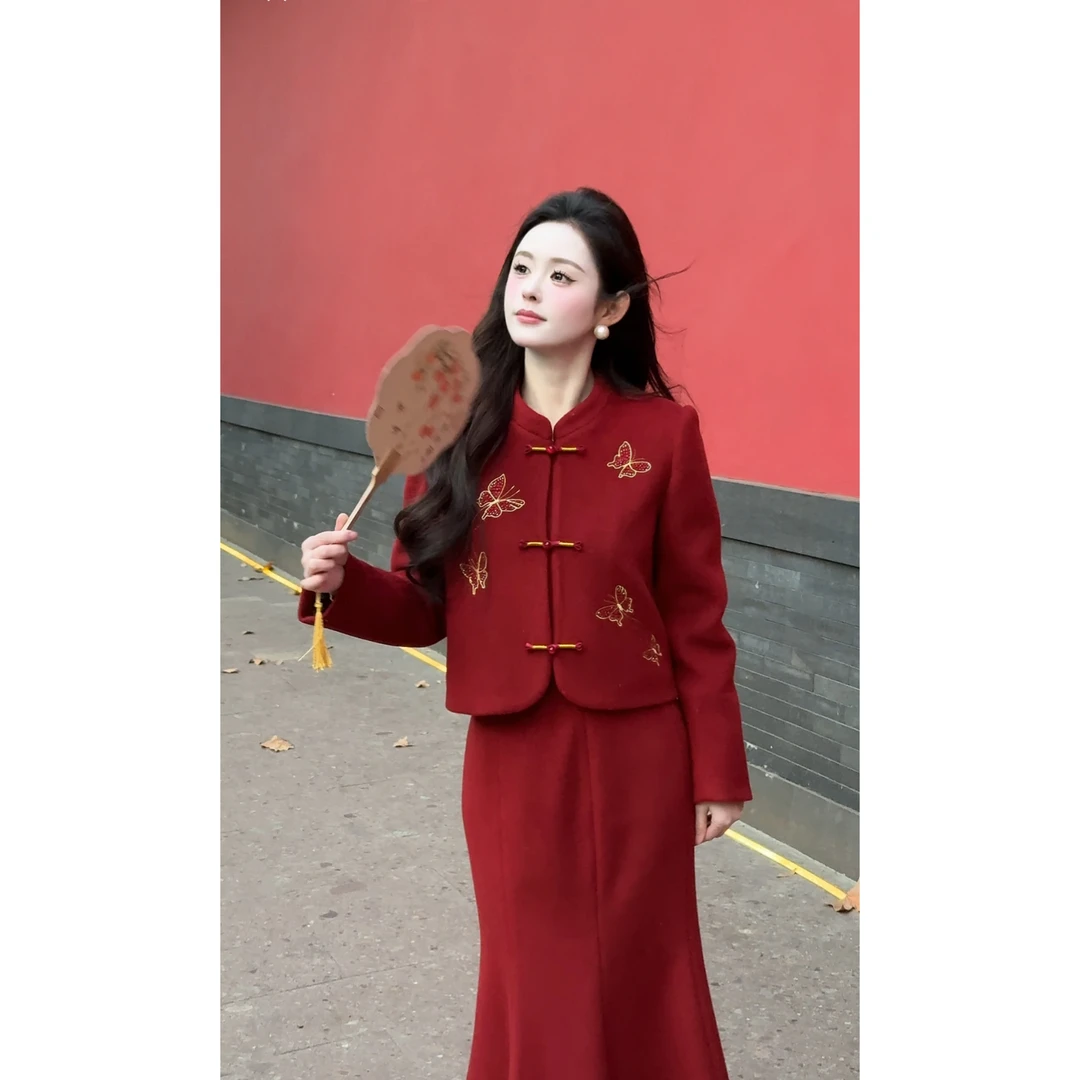 【庄周梦蝶】<77>新中式刺绣毛呢羽绒外套+鱼尾裙XMZH5536