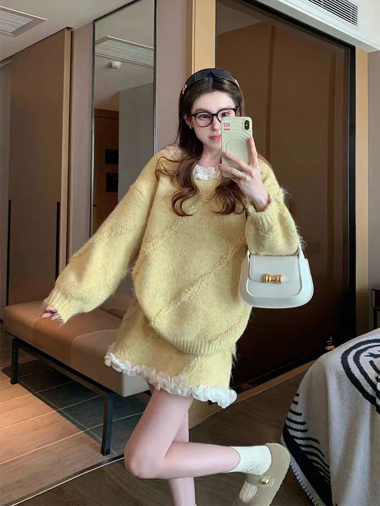 （看姐妹预约人数上新款式）新款韩版黄色毛毛针织套装