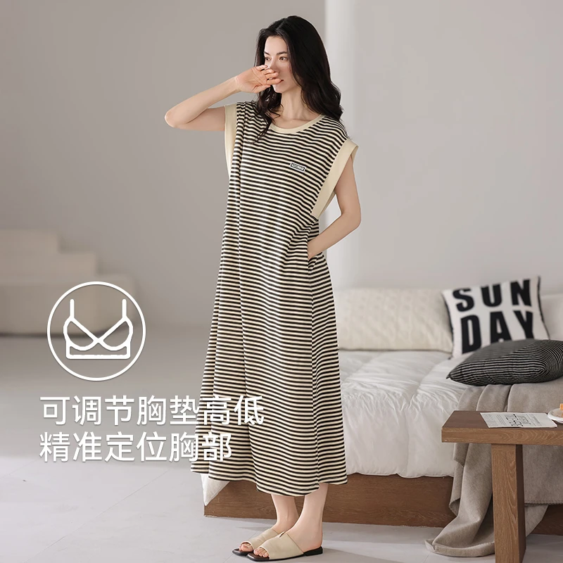 带胸垫一体可外穿睡裙女纯棉夏季新款无袖坎肩时尚条纹家居服睡衣