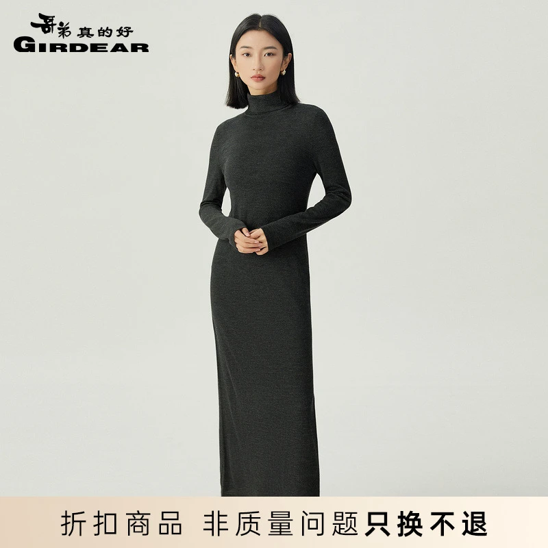 哥弟真的好高领长袖绵羊毛针织长裙连衣裙女A500337