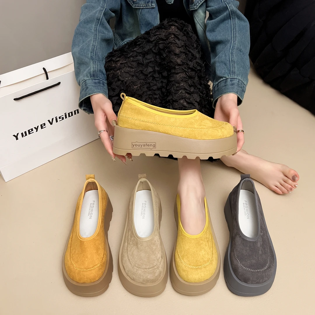 真皮松糕厚底勃肯鞋女复古大头小个子增高休闲单鞋一脚蹬懒人鞋潮