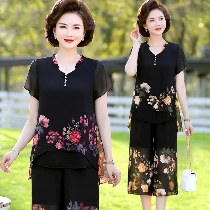 8597 妈妈装夏季短袖上衣加松紧腰裤子遮肉显瘦气质套装