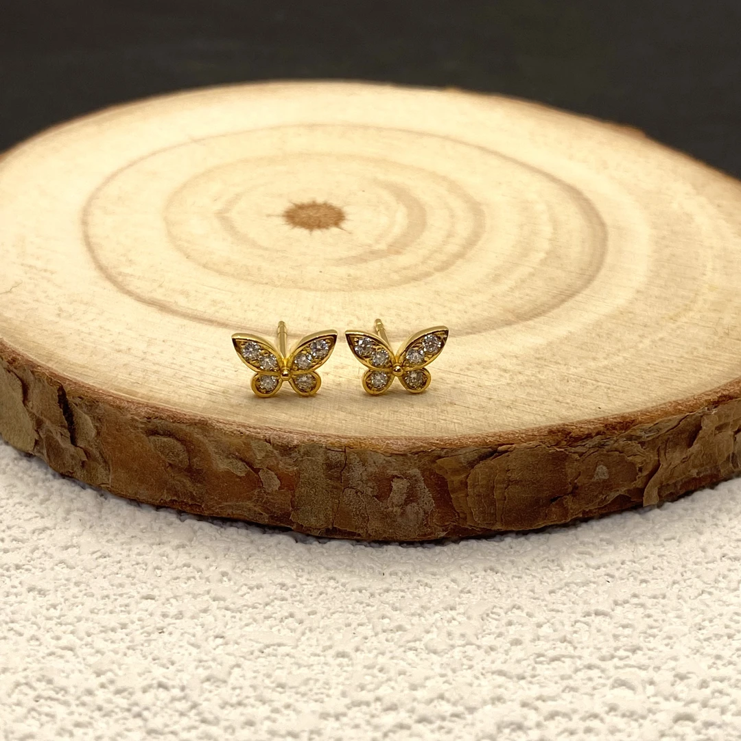 【金喜圆】足金999 莫桑蝴蝶耳钉（直针）/带钢印证书