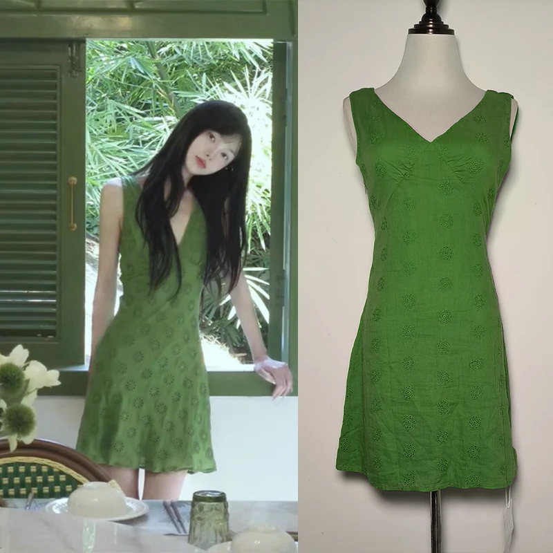 复古绿色V领无袖刺绣花边连衣裙女夏收腰显瘦修身小个子包臀短裙