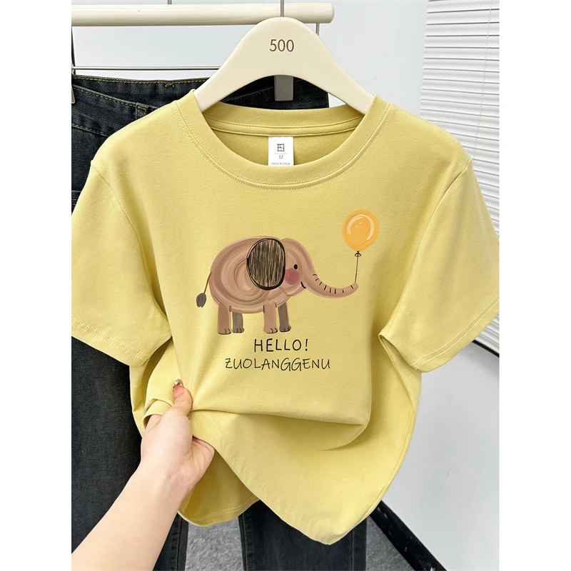 韩版大码女装胖MM短袖T恤夏季新款洋气大象印花遮肉显瘦正肩上衣