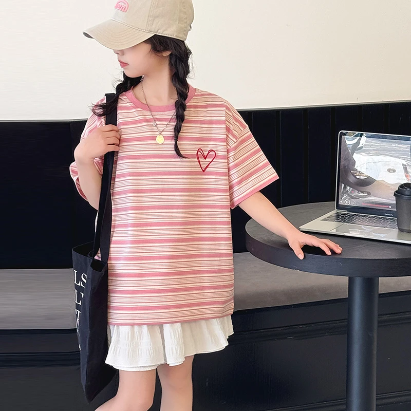女童短袖t恤夏季2025新款女大童夏天洋气条纹上衣儿童夏装蛋糕裙