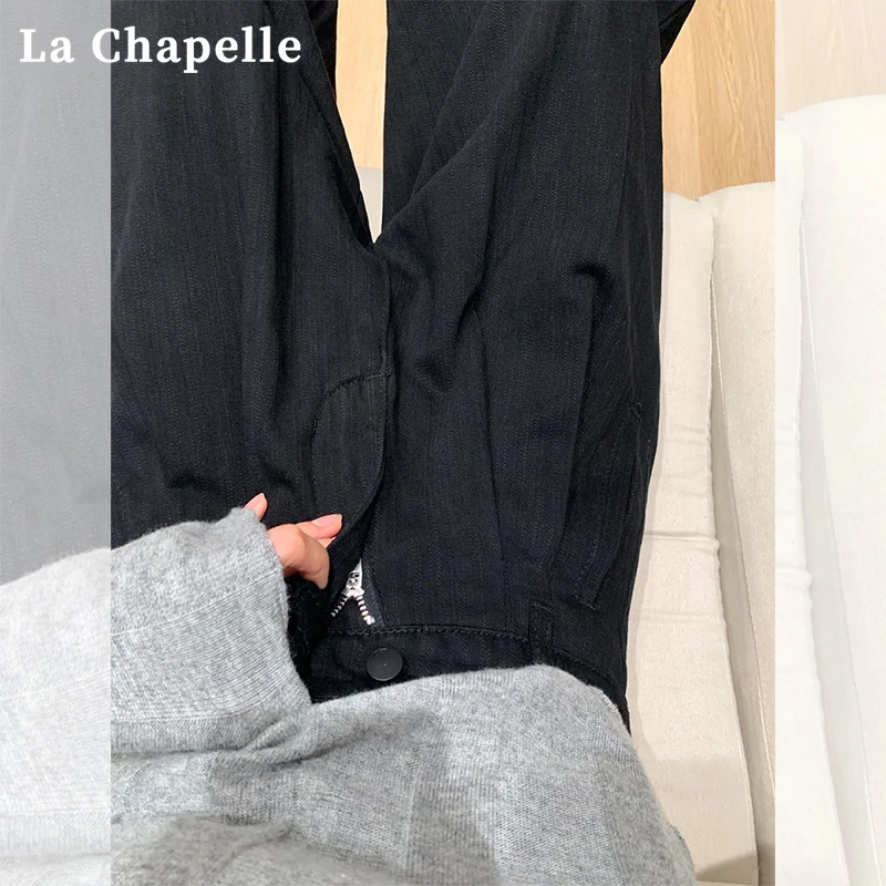 拉夏贝尔黑色褶皱阔腿牛仔裤女新款高腰宽松显瘦垂感拖地直筒裤子