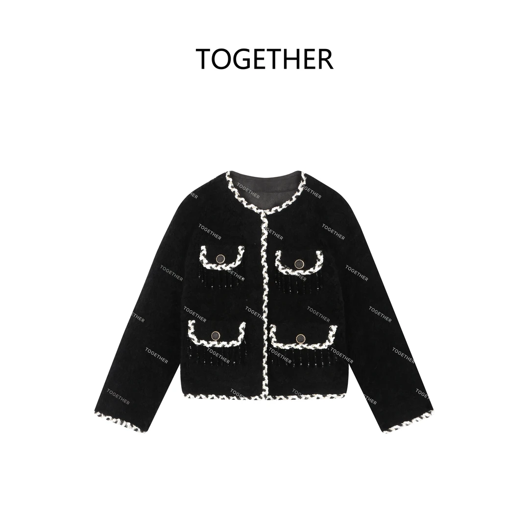 【Together】冬季小香风羊羔毛串珠流苏设计短外套051103M