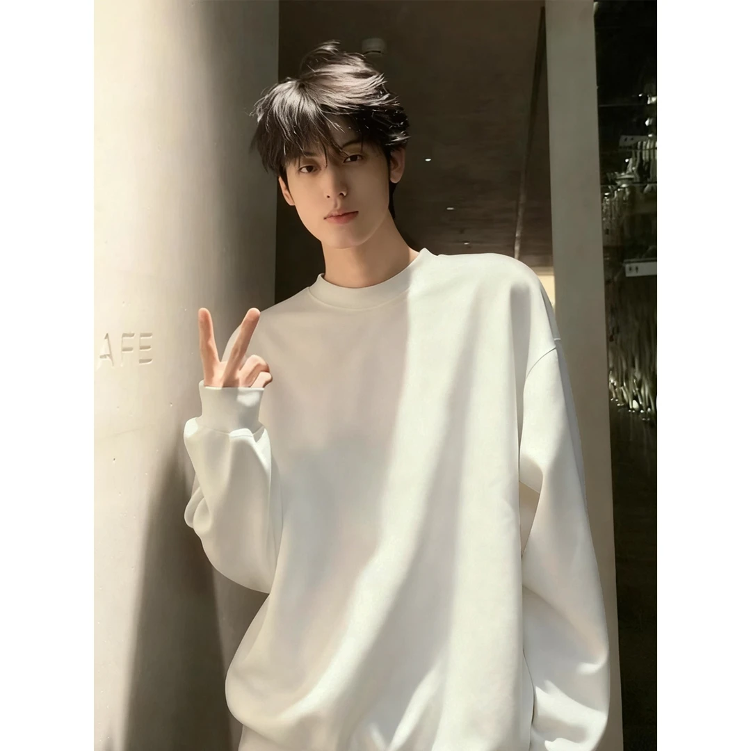 美式重磅白色加绒卫衣男款无帽早秋穿搭上衣青少年长袖内搭打底衫