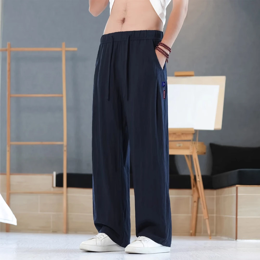 EGMO夏季亚麻休闲裤男士阔腿直筒薄款长裤速干凉感百搭裤子青少年