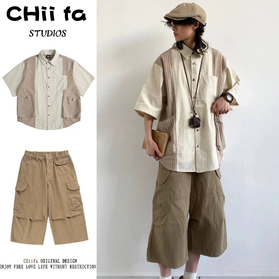 CHiifa 两件装/单件夏日系工装短袖衬衫男女条纹撞色拼接复古衬衣