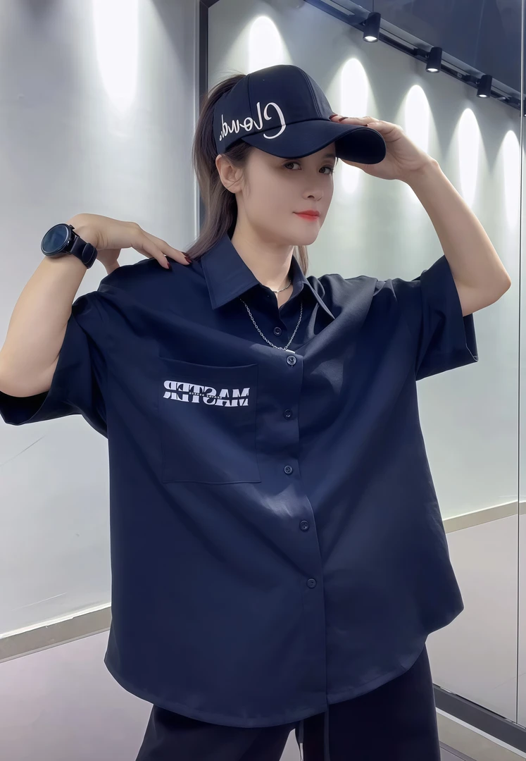 012新款短袖字母印花黑色衬衫夏季百搭高级感衬衣时尚宽松