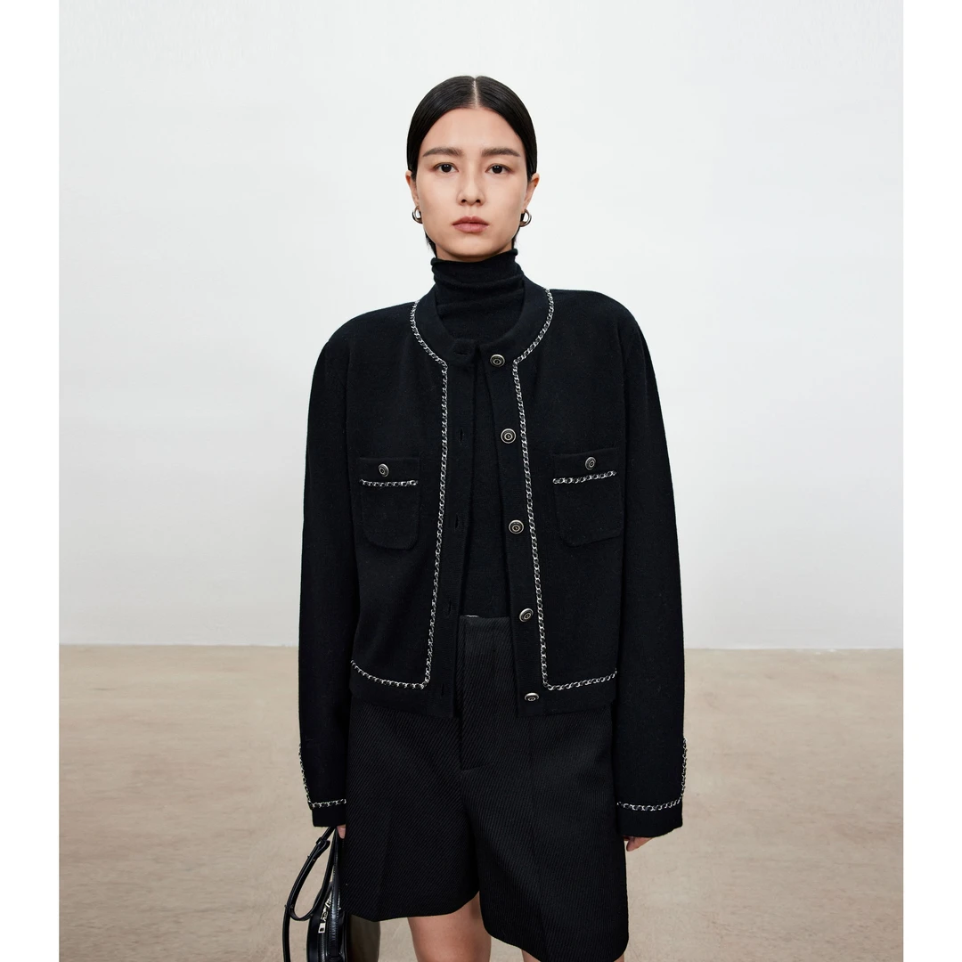 CHICJOC时装感羊毛纱/意大利花式羽絮纱 重工皮穿链针织开衫