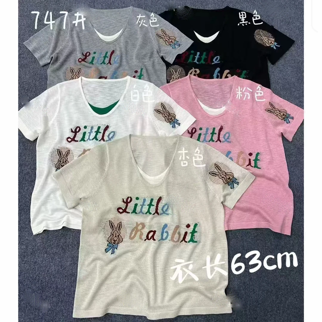 V领假两件针织印花字母兔子常规款T恤女士潮流休闲