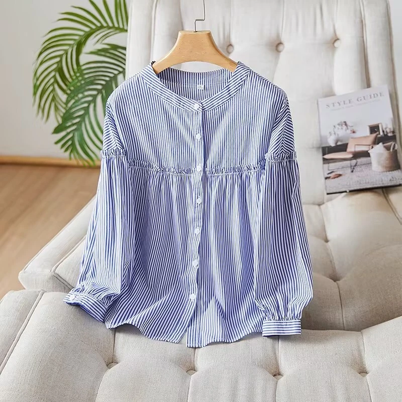 （主理人专用）SIPINWEI私品味 春装新款木耳边宽松蓝条纹宽松棉