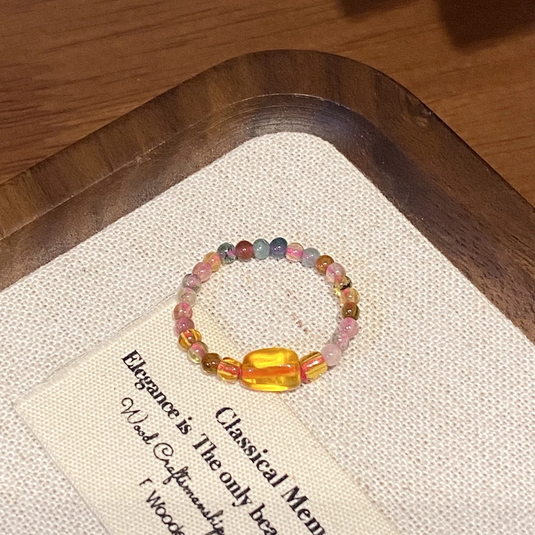 【糖果琥珀】时尚复古小众简约彩色弹力绳戒指A1602