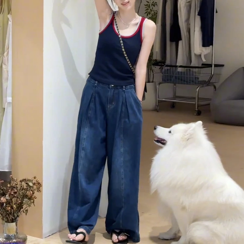 酷飒风女装高级感套装2026夏季新款修身吊带背心阔腿牛仔裤两件套