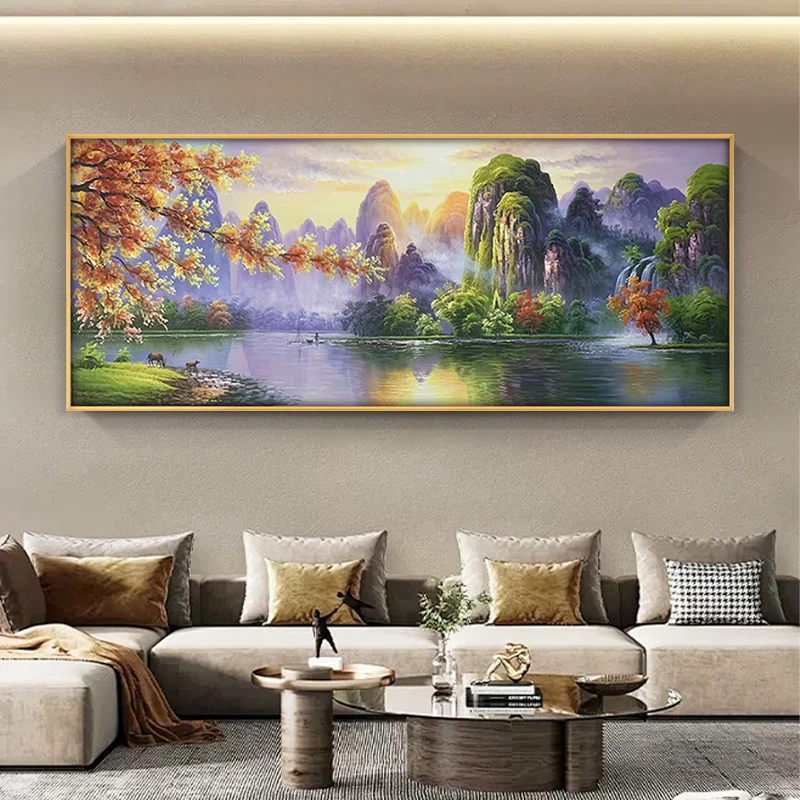 手绘油画桂林山水新中式办公室客厅背景装饰画风景油画轻奢挂画