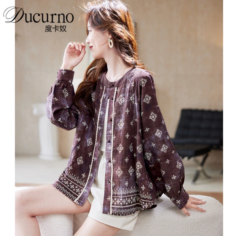 圆领印花长袖衬衫外套2025年夏季新款薄款休闲宽松百搭气质衬衫女