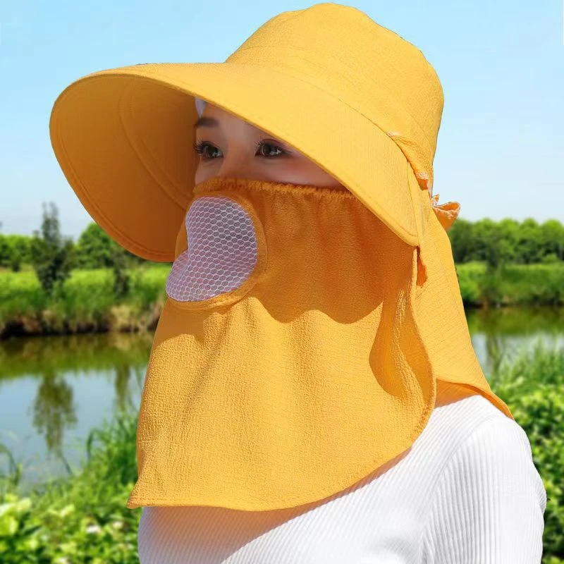 春夏季荡秋千防晒帽采茶帽女士钓鱼帽纯色采茶帽遮脸口罩帽便携