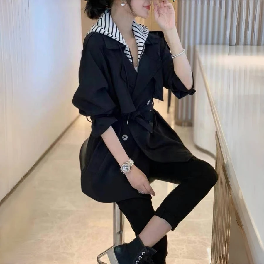 F102拼接中长款A字型连帽春季风衣气质上衣