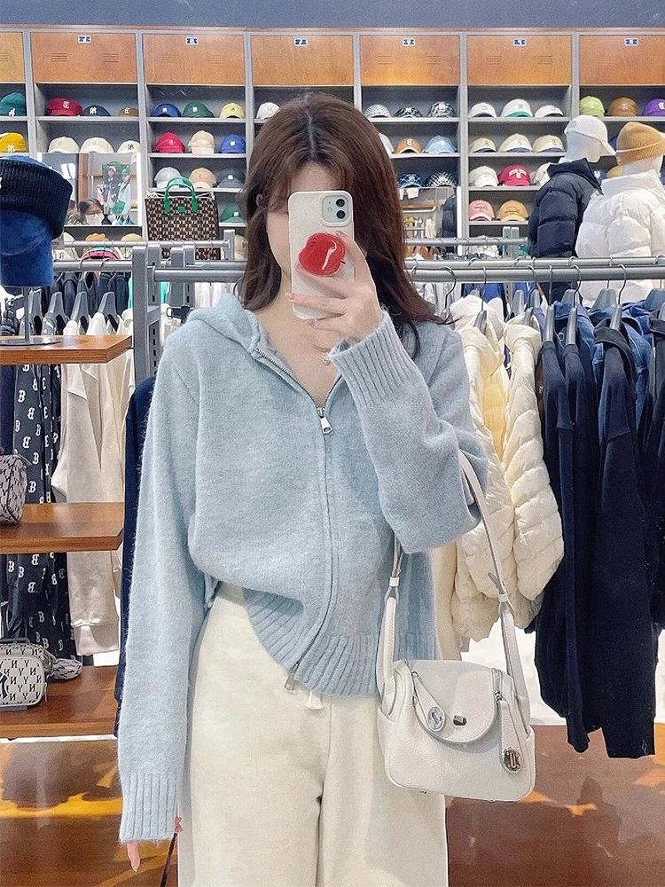 【破价 1.2斤 原版】奶fufu慵懒蓝色双拉链连帽针织开衫 网红