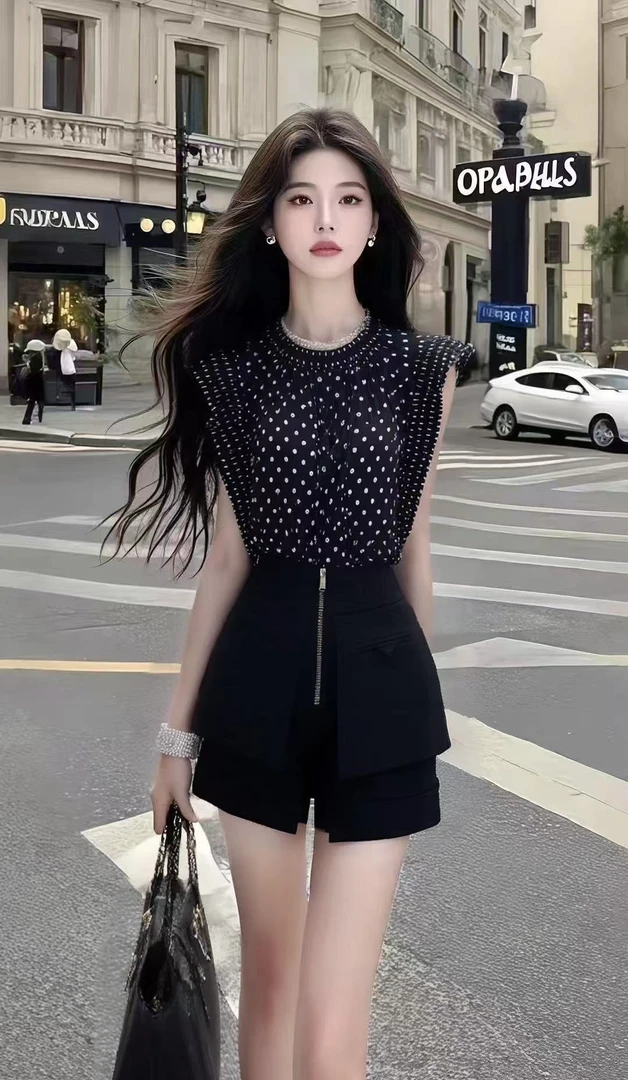 黑色波点性感小众设计感新款上衣修身短款气质甜美小清新氛围感