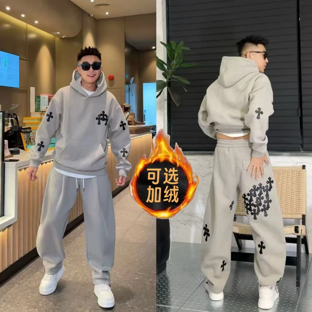 秋冬新款男士刺绣宽松连帽卫衣弯刀裤两件套帅气潮男休闲运动套装