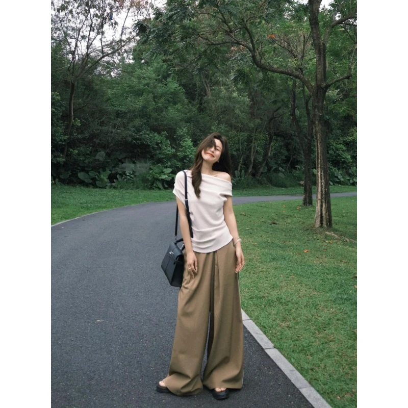 parkyeon夏季新款不规则露肩短袖T恤上衣宽松显瘦阔腿休闲裤套装