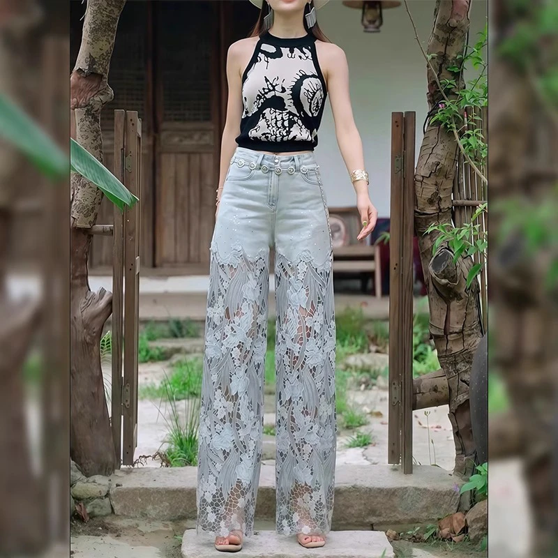 2025年夏季新款重工蕾丝拼接牛仔裤女小众时尚高腰设计感直筒长裤