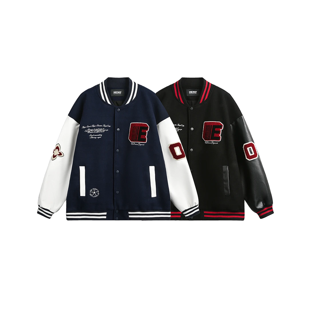 ZEXO 撞色拼接PU皮毛呢贴布毛巾刺绣立体潮牌棒球服外套 ZE2513