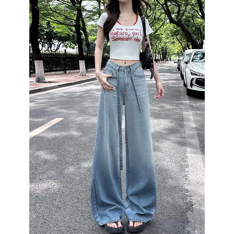 【婷婷家】小个子渐变色烫钻高腰牛仔阔腿裤#2898