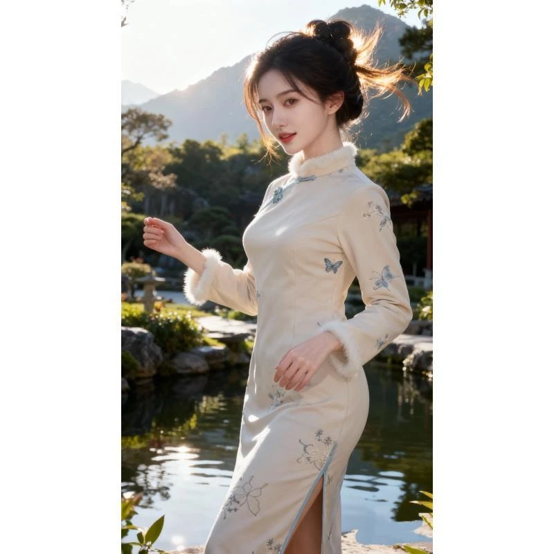 苏故里【蝶姿】非定位花刺绣加绒秋冬文艺显瘦日常旗袍衣长115左右