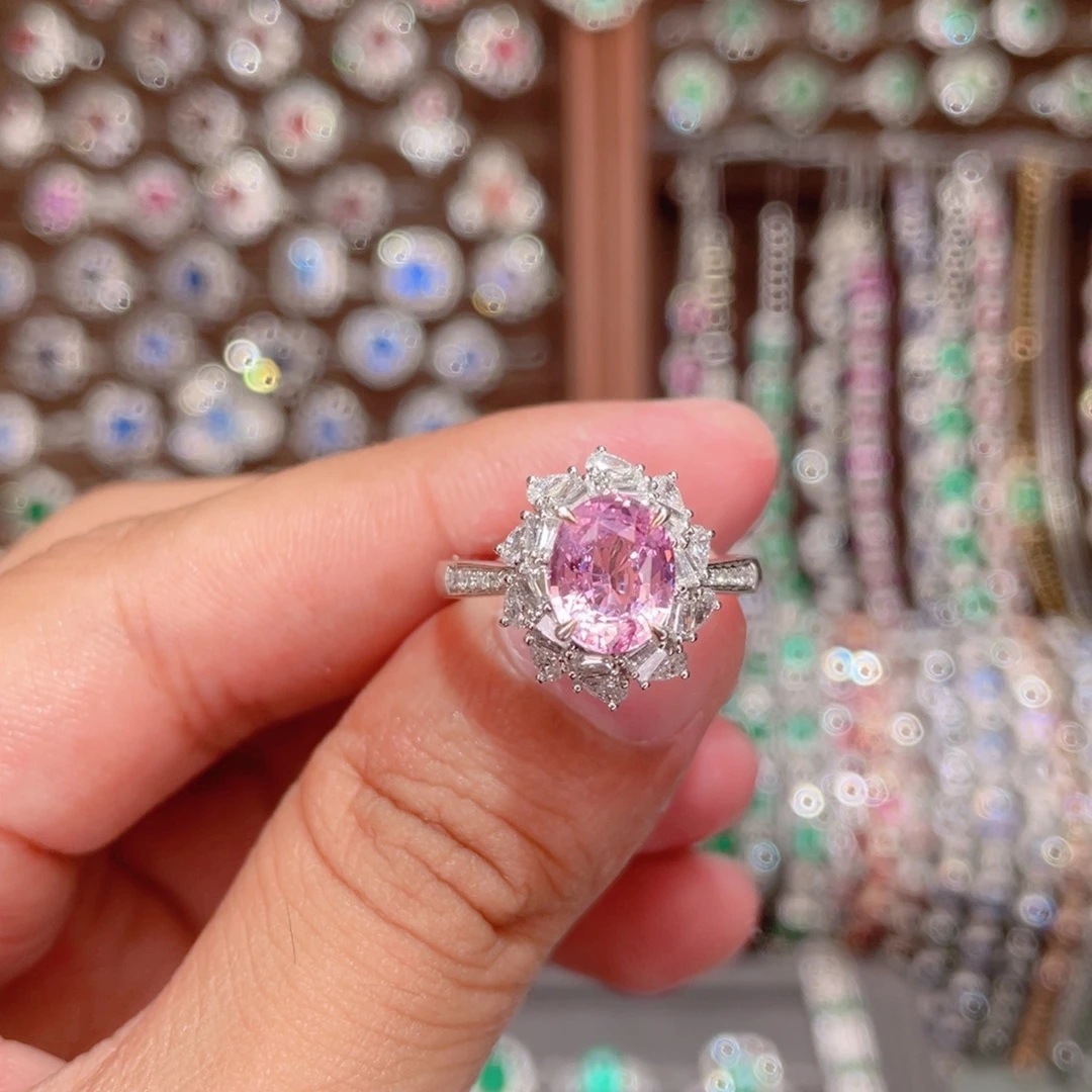戒指彩色蓝宝石18K金镶嵌2ct 无烧帕帕