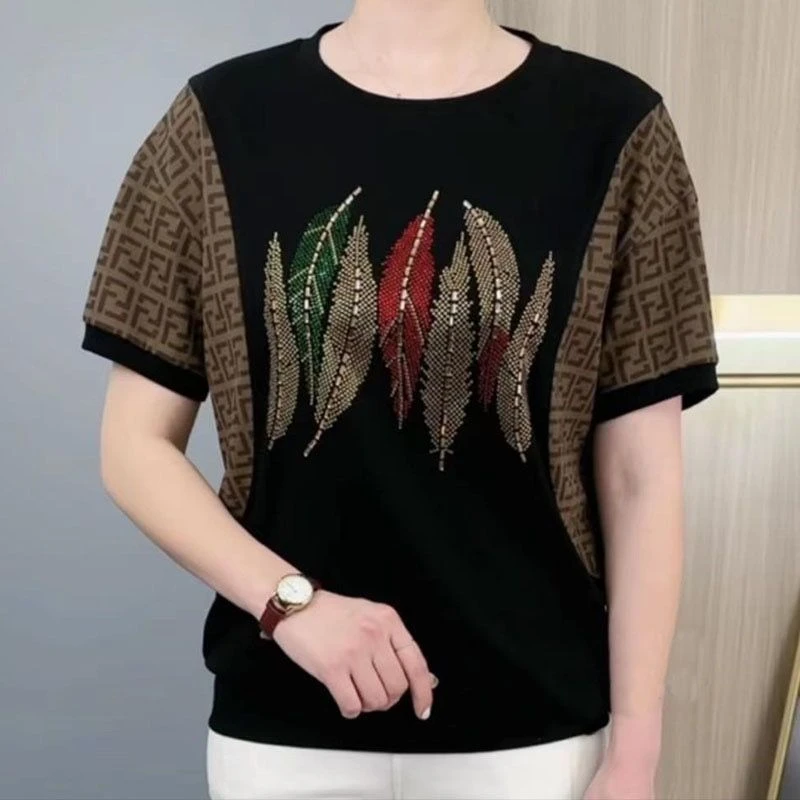 860枫叶大码短袖女T恤夏季中年妈妈宽松遮肚子烫钻洋气百搭上衣