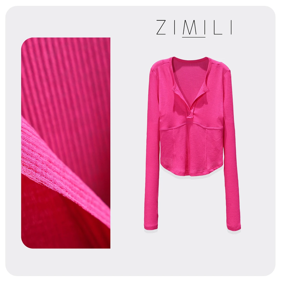 【子秋女装】春季清凉感洋红色冰丝小众V领修身长袖防晒上衣3851
