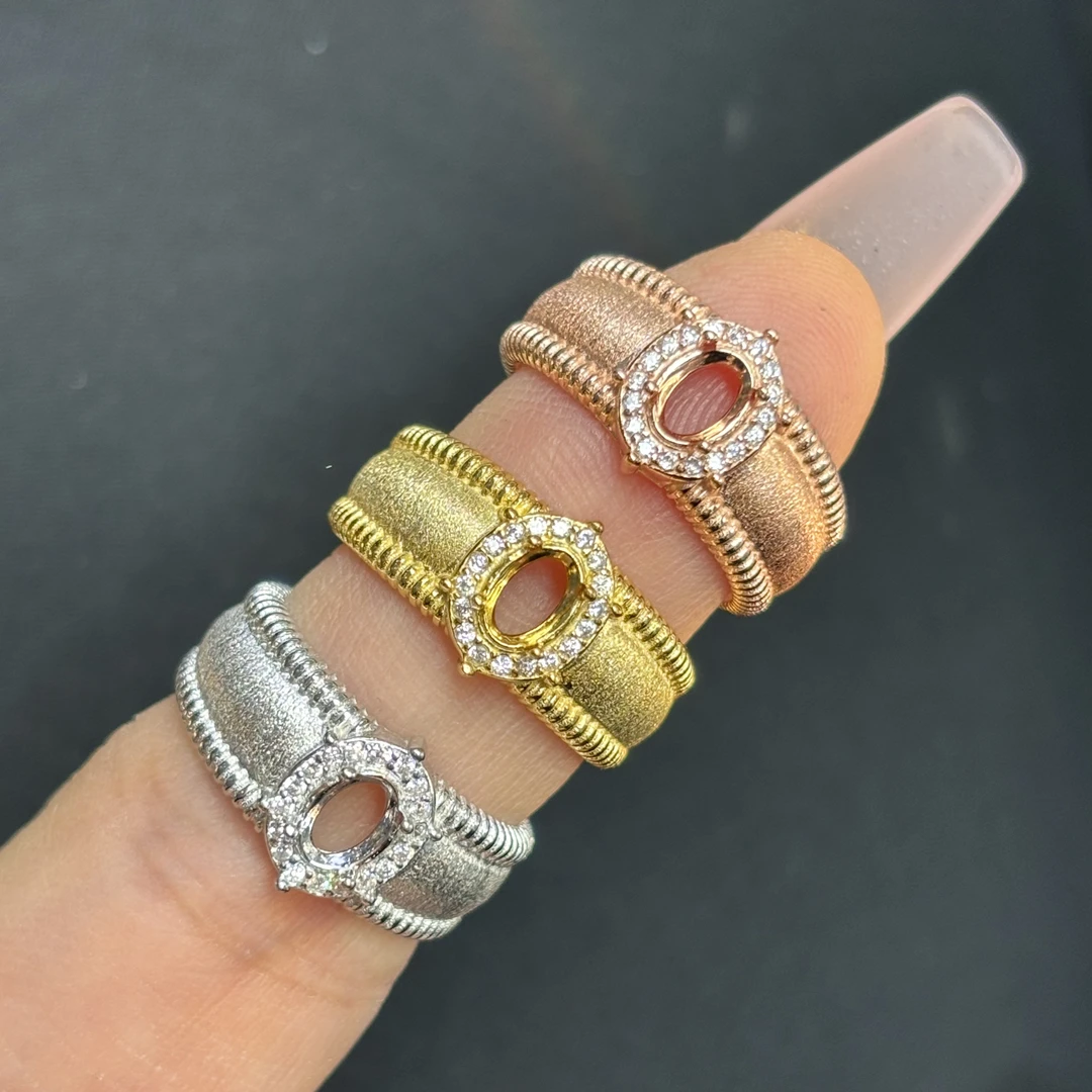 925银锆石戒指 新款925银镀金戒指空托底托4×6毫米鸽子蛋未镶嵌可