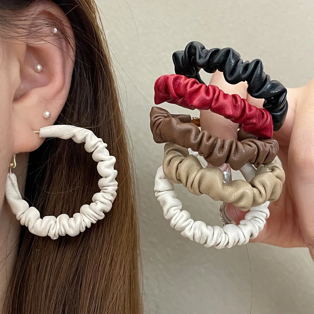 非金属皮质耳饰 925褶皱皮质美拉德色系4㎝耳圈