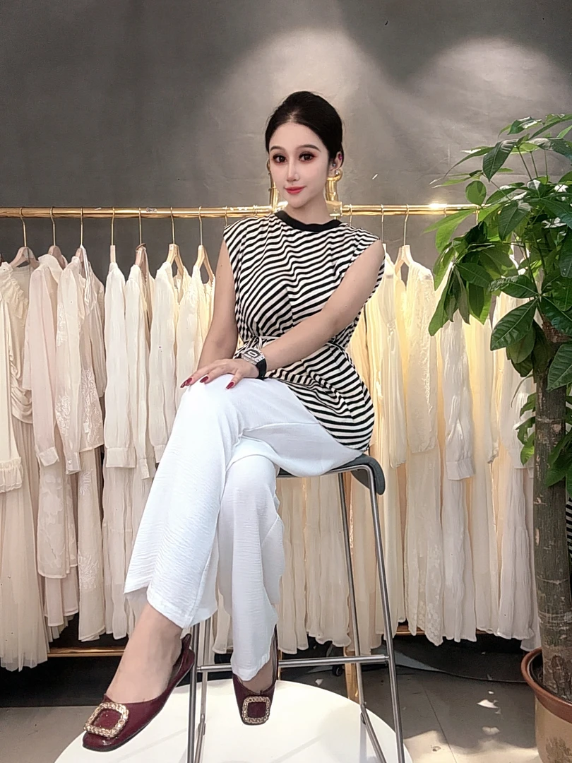 K2083常规款短袖印花雪纺衫+长裤套装宽松型极简风套头条纹