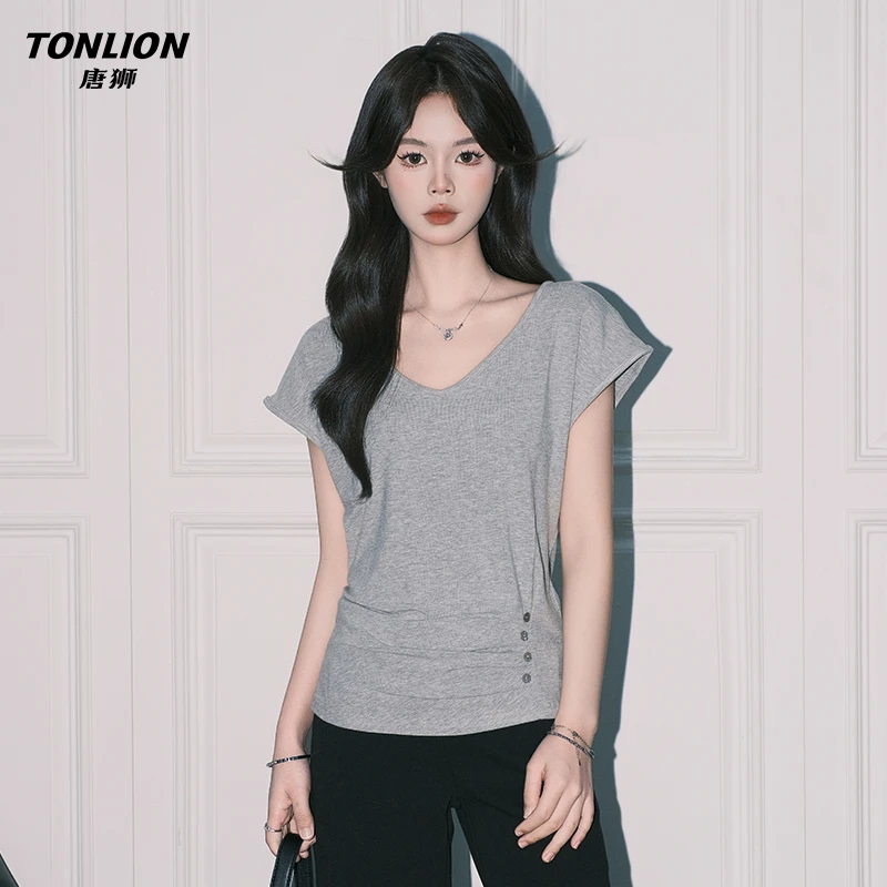 唐狮韩系灰色收褶基础款短袖T恤女夏季慵懒风休闲V领修身小衫上衣