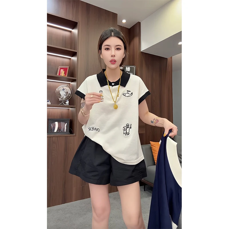 欧货2025夏季新款拼色刺绣polo短袖时尚洋气宽松显瘦百搭上衣女