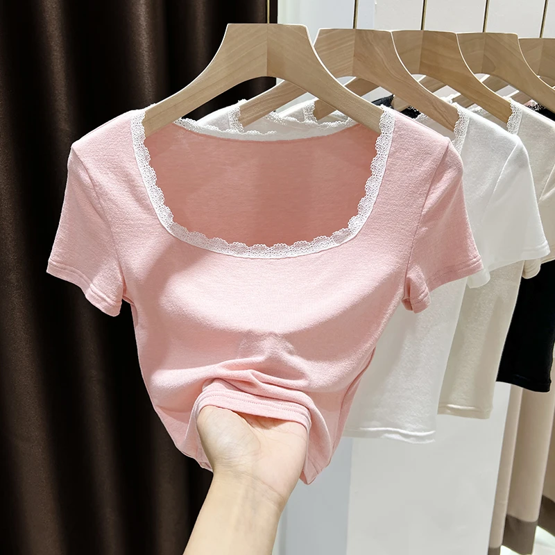 粉色蕾丝大领口t恤女正肩短袖爆款新款夏季短款露脐低胸方领上衣
