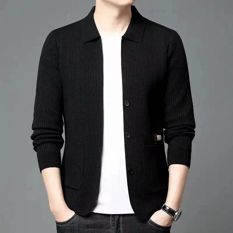 男士外套秋季新款潮流时尚针织毛衣外套商务修身翻领纯色开衫夹克
