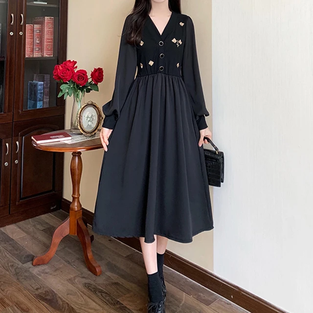 复古赫本风大码女装聚酯纤维连衣裙胖收腰显瘦碎花针织拼接小黑