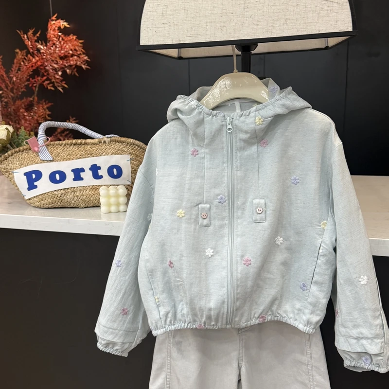 leomama童装女童夏季薄款连帽防晒空调衫新款外套小花刺绣开衫